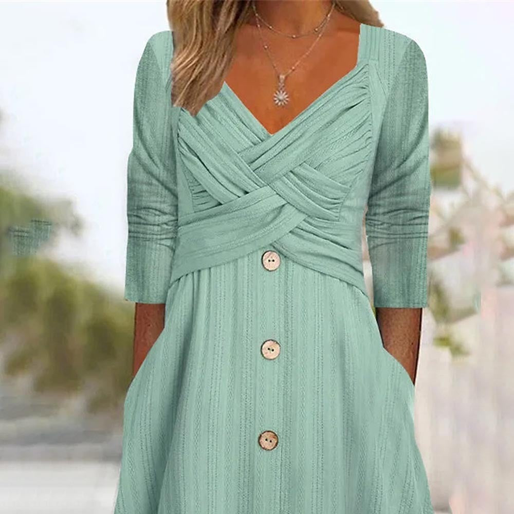 V-neck Cross Button Casual Dress Women