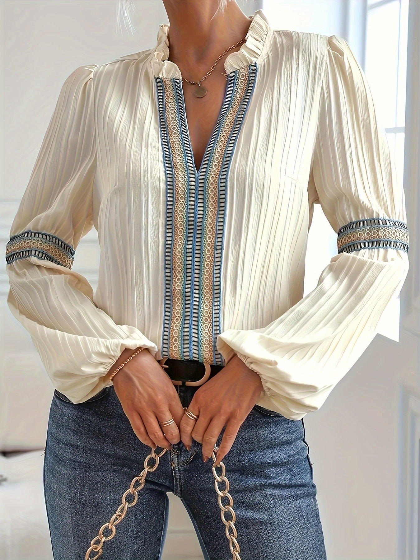 Simple Plain Lace V-neck Patchwork Shirt