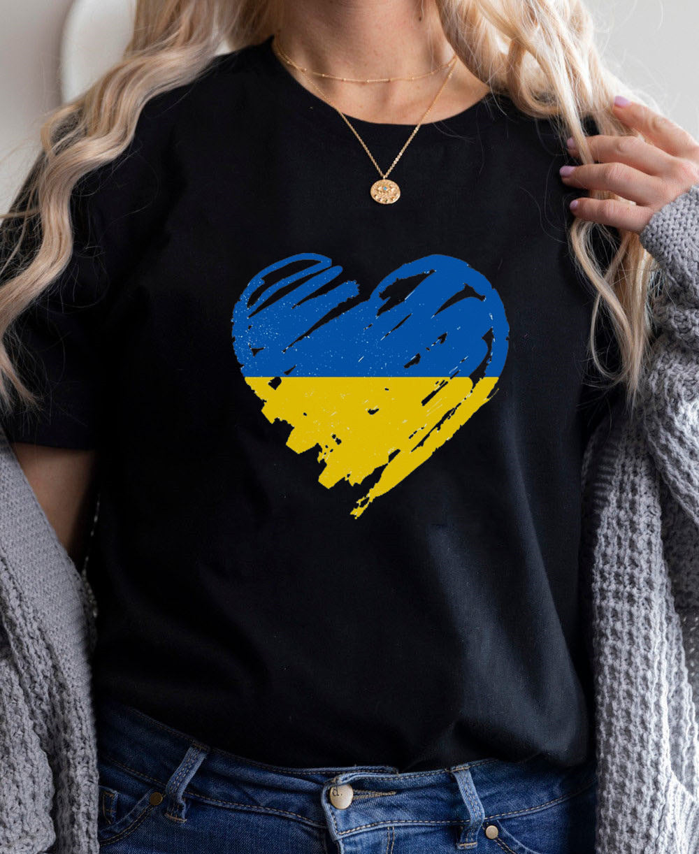 European And American Fashion Tops-shaped Blue And Yellow Heart Printed Round Neck Short Sleeve