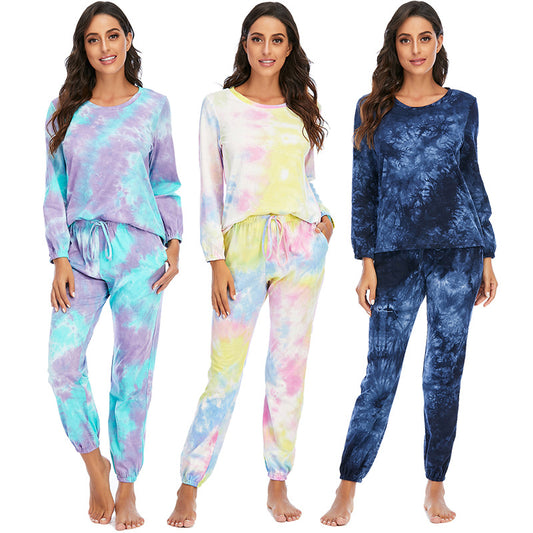 Women's Fashion Casual Tie-dye Pajamas Long Sleeve Trousers Suit