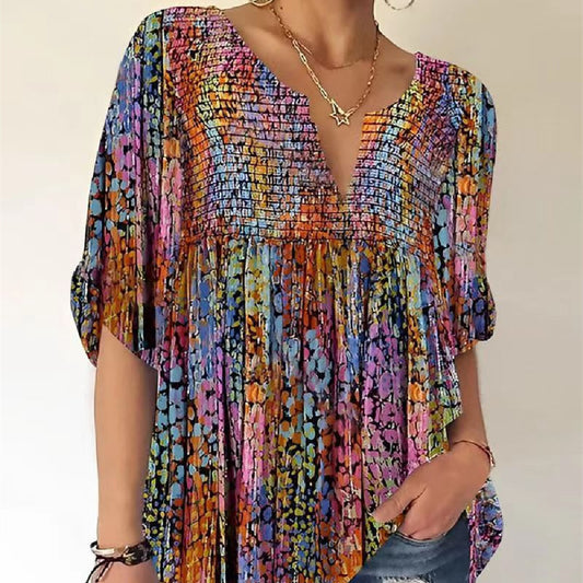 Women's Color Printed V-neck Pullover Shirt
