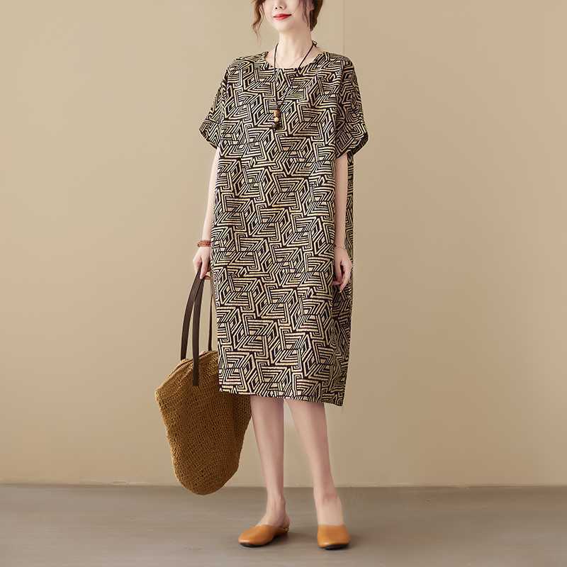 Thin Cotton Cable Loose-fitting Short Sleeve Over The Knee Dress