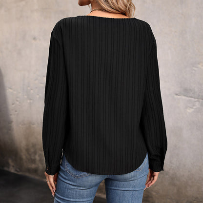 V-neck Patchwork Top Long Sleeve Buckle Women's Clothing