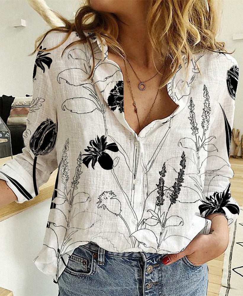 Women's Digital Printing Lapel Long Sleeve Shirt