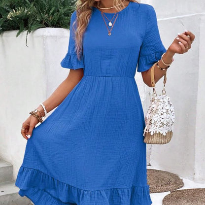 Large Swing Solid Color Waist Tight Casual Pleated Round Neck Flared Short Sleeve Cotton And Linen Dress