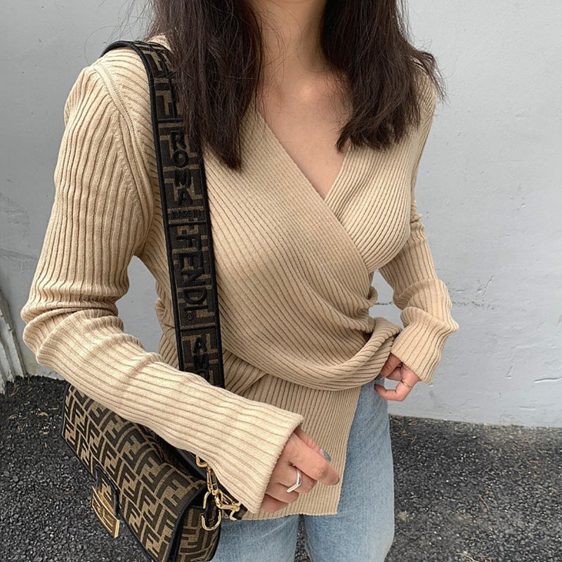 Autumn Elegant Slimming V-neckline Cross Knitted Sweater For Women