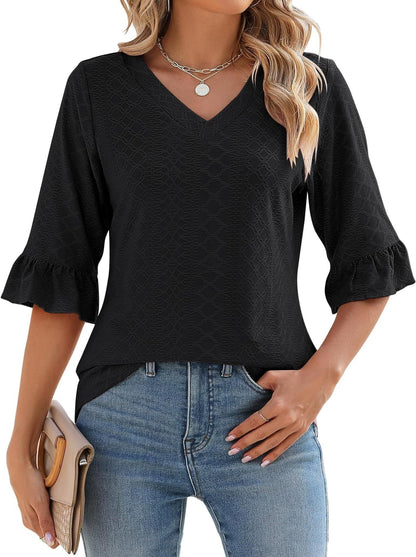 34 Flare Sleeve V-neck Casual Loose-fitting T-shirt Top Women