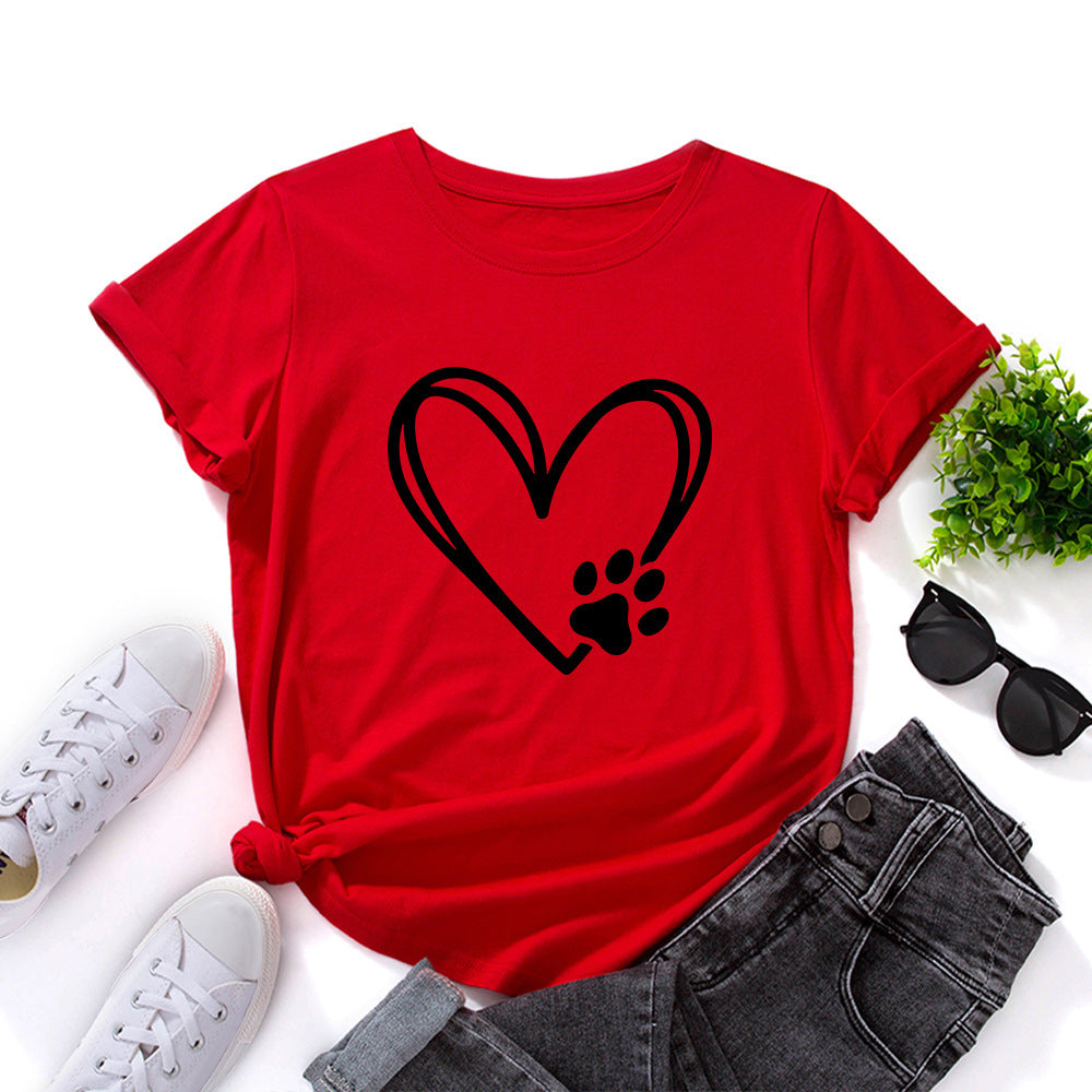 Women's Loose Round Neck Short Sleeve T-shirt With Heart-shaped Palm Print