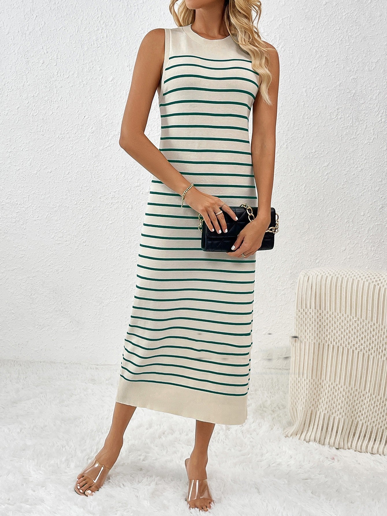 Slim Women Knitted Shirt Striped Long Fashion Dress