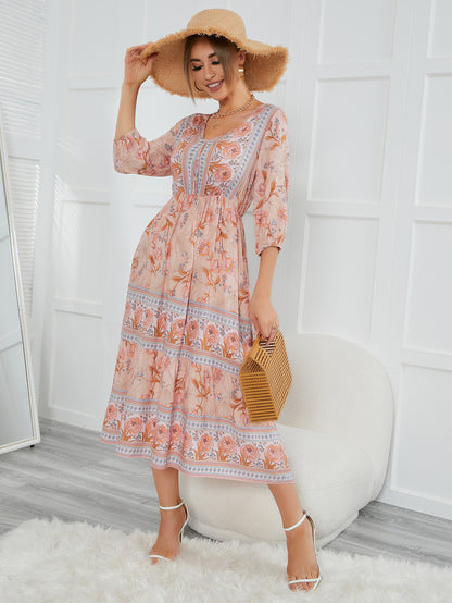 Women's Bohemian Dress V-neck Elastic Waist 34 Sleeve New Printed Dress