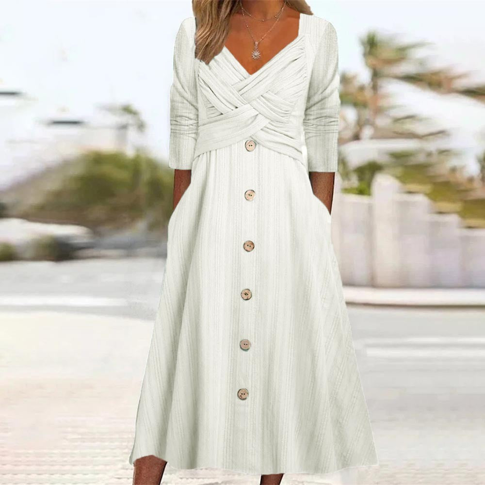 V-neck Cross Button Casual Dress Women