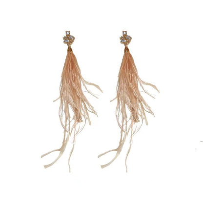 Silver Stud Rhinestone-encrusted Feather Chain Tassel Earrings