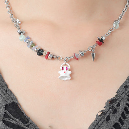 Cute Black And White Little Ghost Monster Necklace Jade Stitching