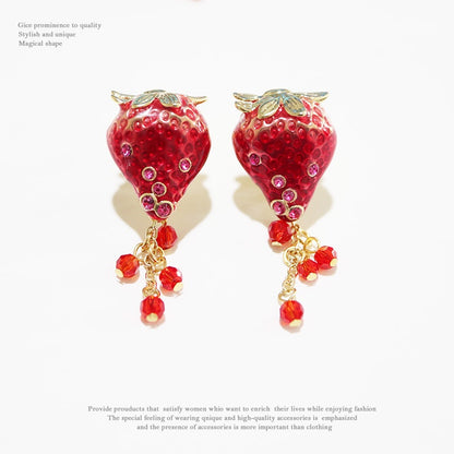 Enamel Dripping Fruit Strawberry Diamond Tassel Sterling Silver Needle Earrings