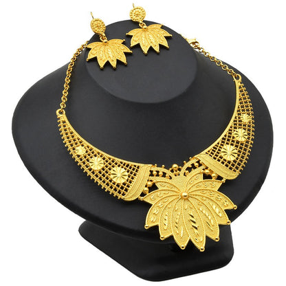 24K Gold Plated Dubai Bridal Necklace Two-piece Earrings Set Pack