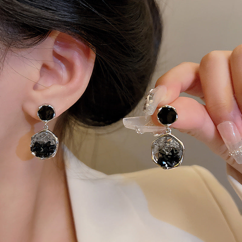 Sterling Silver Needle Irregular Black Crystal Earrings