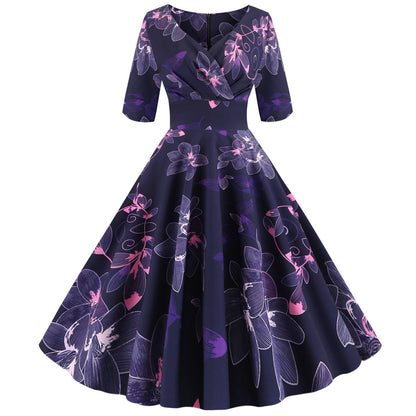 Hepburn Style Vintage Skirt V-neck Half Sleeves Printed Large Swing Dress