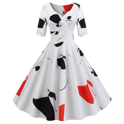 Hepburn Style Vintage Skirt V-neck Half Sleeves Printed Large Swing Dress