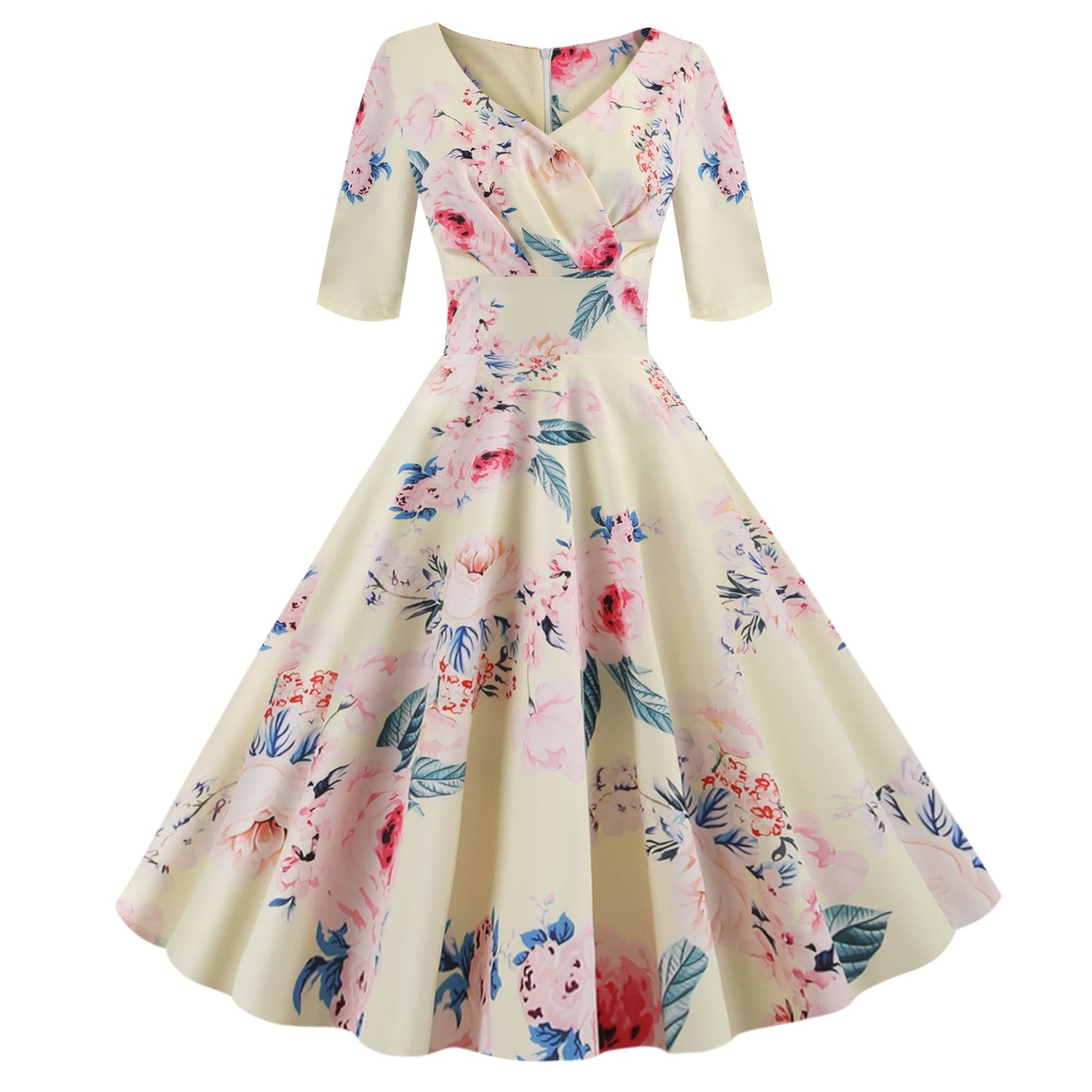 Hepburn Style Vintage Skirt V-neck Half Sleeves Printed Large Swing Dress