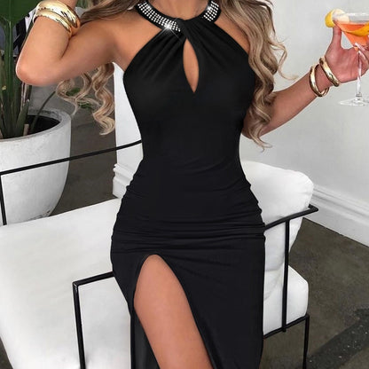 Fashion Halter Rhinestone Dress Sleeveless Slit