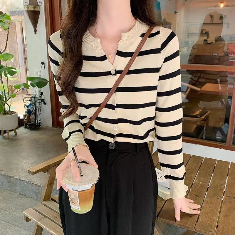 Striped Soft Glutinous Knitted Design Sense Sweet Short Sweater Cardigan Coat