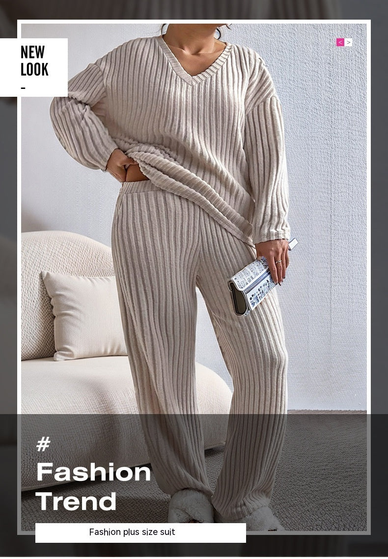 European And American Solid Color Fashion Straight-leg Pants Suit Sunken Stripe Texture Two-piece Set