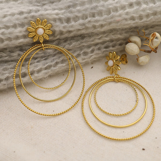 18K Gold Titanium Steel Multi-layer Circle Flower Earrings