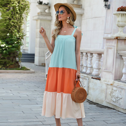 Bohemian Style Cool Contrast Color Pleated Dress