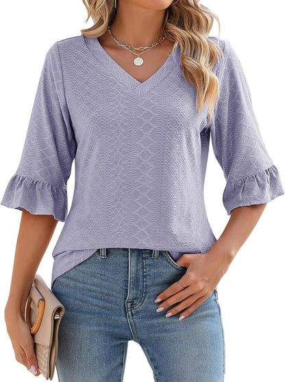 34 Flare Sleeve V-neck Casual Loose-fitting T-shirt Top Women