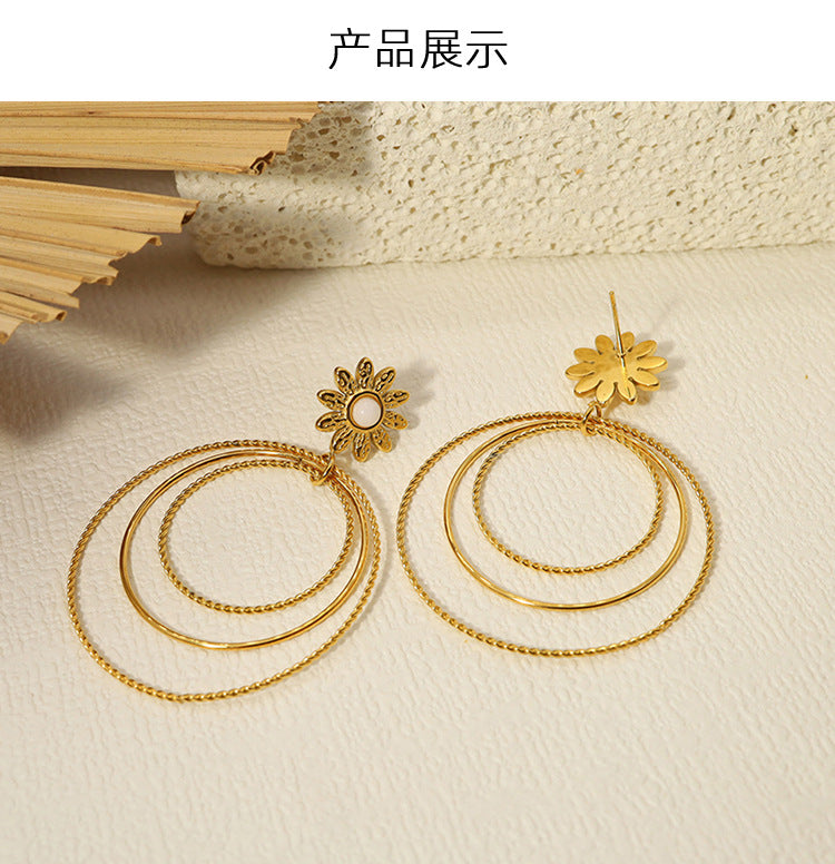 18K Gold Titanium Steel Multi-layer Circle Flower Earrings