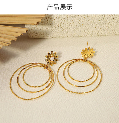 18K Gold Titanium Steel Multi-layer Circle Flower Earrings