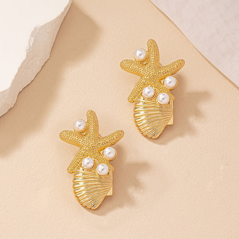 Beach Style Starfish Shell Earrings Female Vintage Pearl Ear Studs