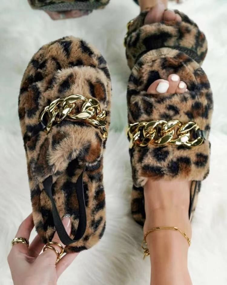 Leopard Print Casual Ethnic Style Flat Metal Chain Leopard Print Plush Slippers