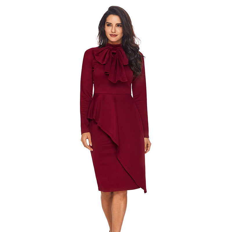 Autumn Women Elegant Fashion Bowknot Neckline Long Sleeve Dress