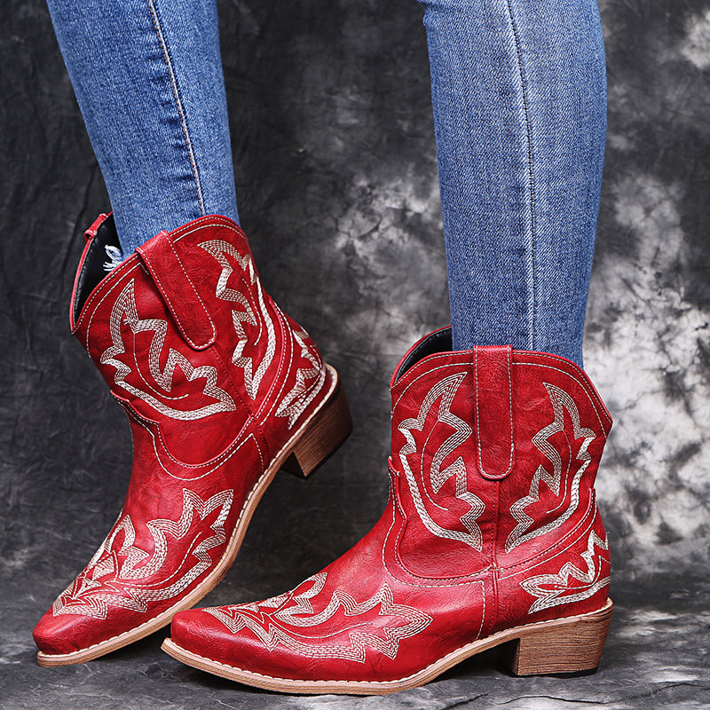 Cowboy Boots Women Embroidery Wedge Heel Shoes Western Cowgirl Boots