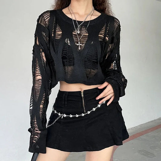 Women's Hot Girl See-through Ripped Pullover Sweater