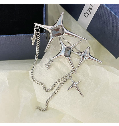 Four Eight-pointed Stars Zircon Chain Brooch For Women