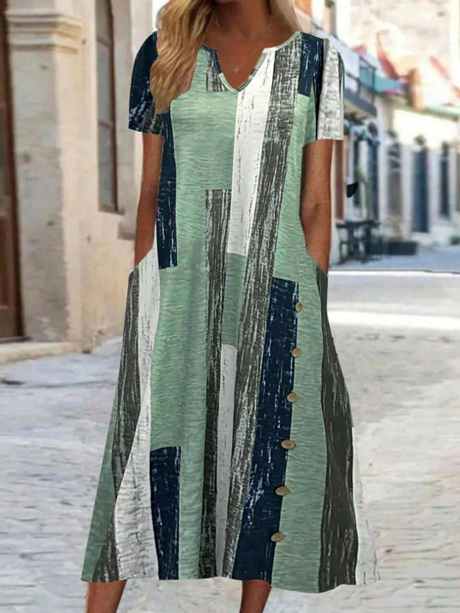 Printed Loose Casual Pocket Long Dress