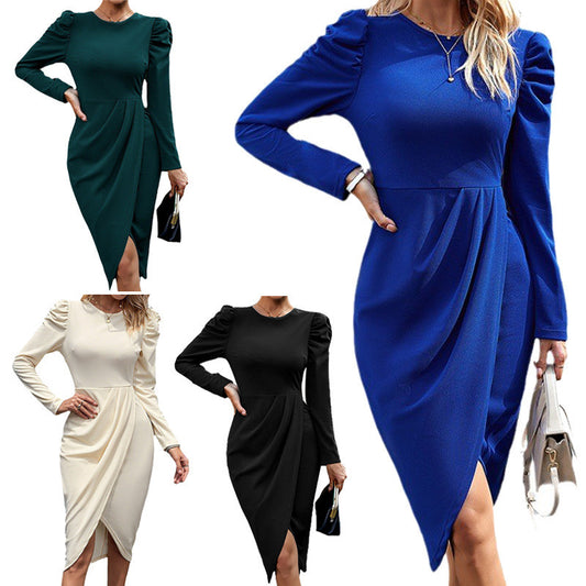 Round Neck Elegant Waist Irregular Slit Dress