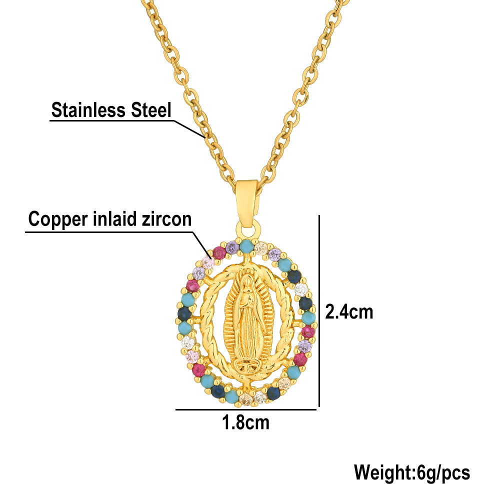 European And American Color Zircon Virgin Mary Pendant Necklace For Women