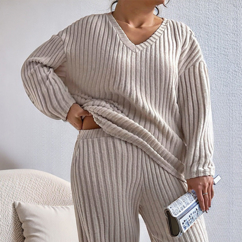 European And American Solid Color Fashion Straight-leg Pants Suit Sunken Stripe Texture Two-piece Set