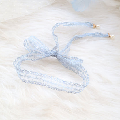 Sweet Accessory Gray Blue Lace Ribbon Pearl Choker Necklace