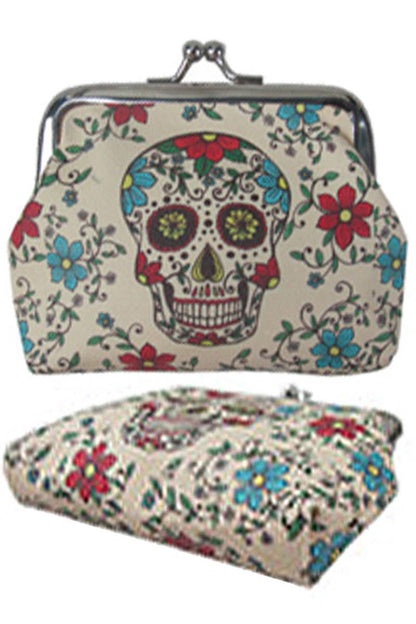 Cap Zone - Sugar Skull Print PU Kiss-Lock Coin Pouch Bag