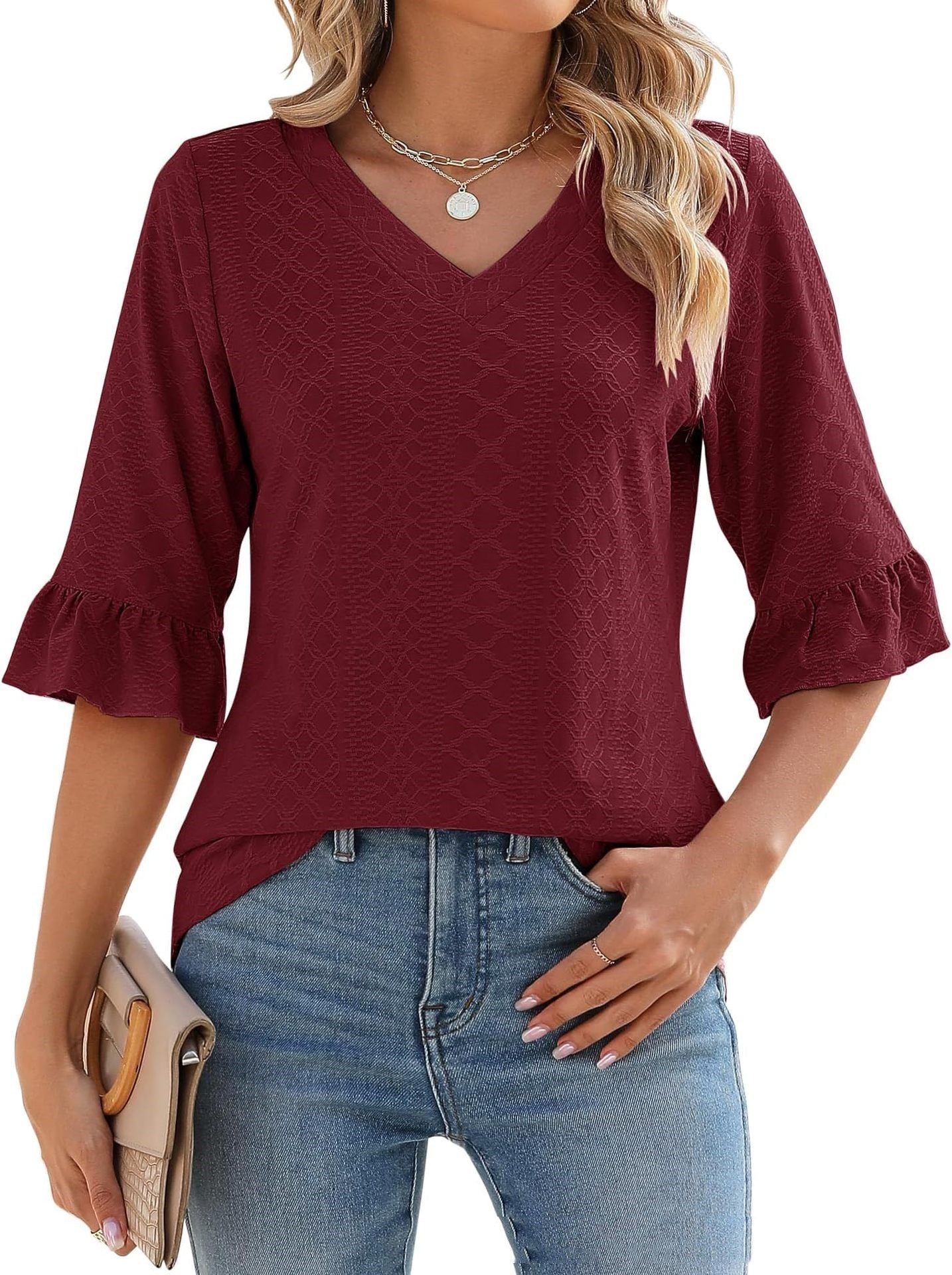 34 Flare Sleeve V-neck Casual Loose-fitting T-shirt Top Women