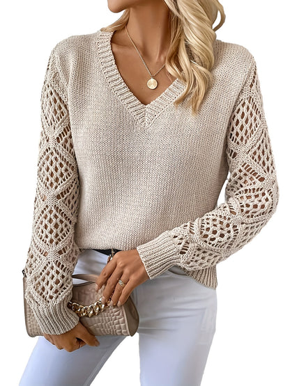 V-neck Hollow Sleeves Solid Color Sweater