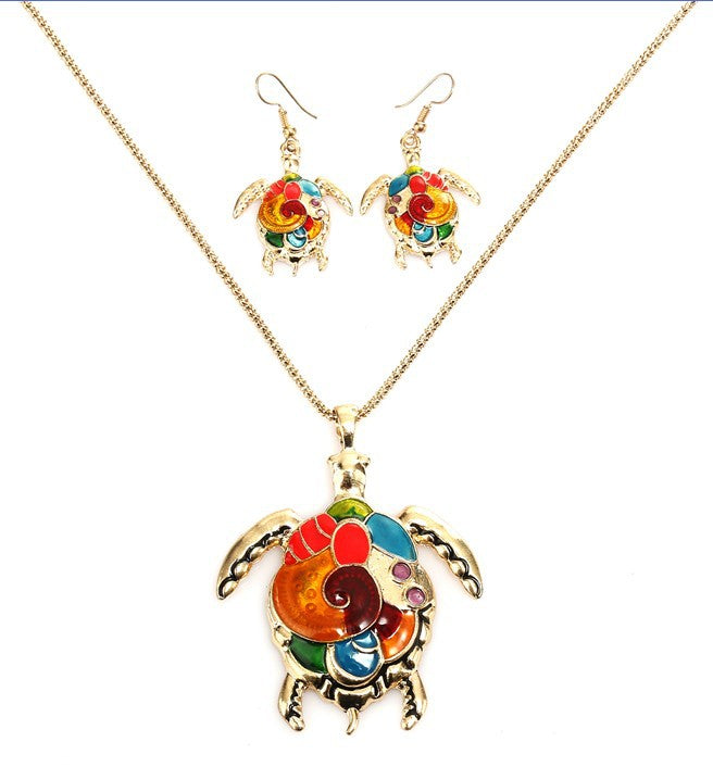 High Profile Fashion Punk Dripping Oil Rainbow Turtle Necklace And Earrings Suite