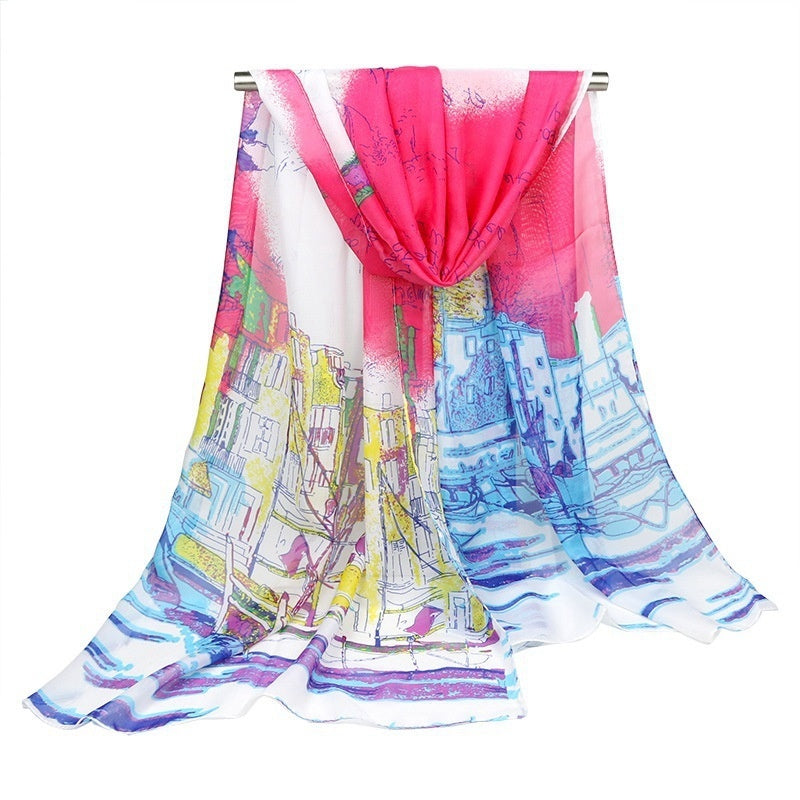 Women's Silk Scarf Sailing Oil Painting Printed Scarf