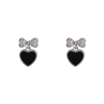 Sterling Silver Needle Micro-inlaid Delicate Bow Black Peach Heart Earrings