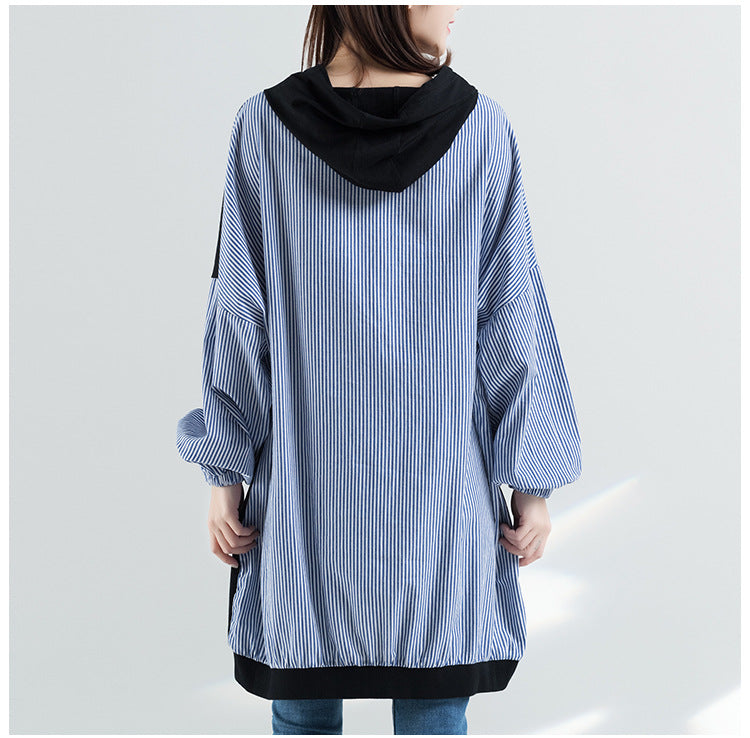 Artistic Striped Stitching Loose Hooded Sweater