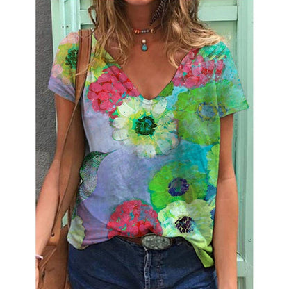 Women's Printed Short-sleeved T-shirt V-neck Loose Top